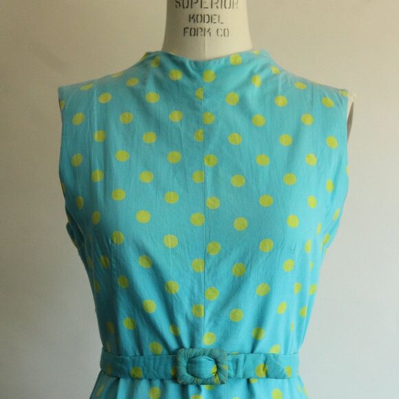 Vintage 1960s Dress with Belt, Blue with Yellow Polka Dots, Summer - Picture 2 of 10